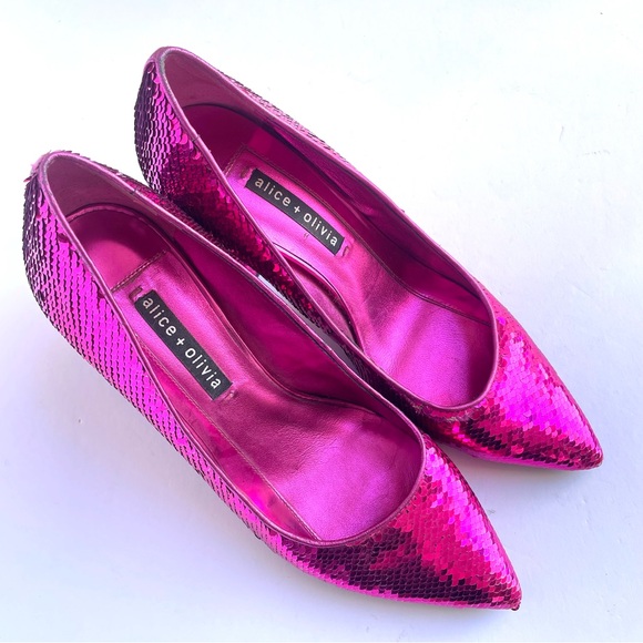 Alice + Olivia Demetra Fuchsia Pink Sequin Block Pointed Toe Slip On Heels - Picture 2 of 9